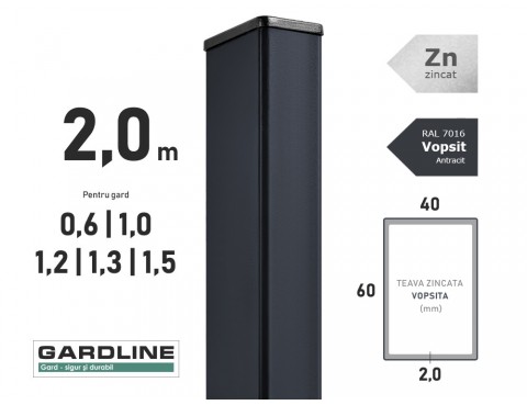 Stalp zincat 60x40x2,0mm L-2,0m RAL 7016