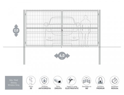 Poarta metalica batanta OPTIMA 3D H-2,0m L-4,0m RAL 7040