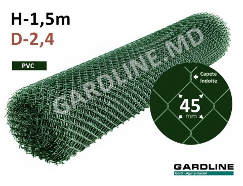 Сетка Рабица ПВХ Зеленая 45х45мм D-2,4мм H-1,5м L-10м