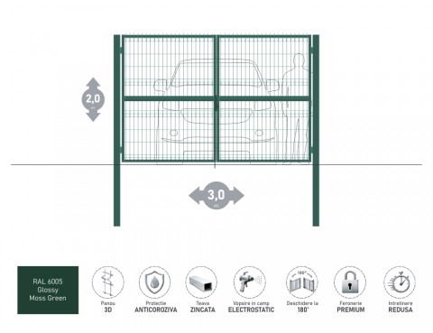 Poarta metalica batanta OPTIMA 3D H-2,0m L-3,0m RAL 6005