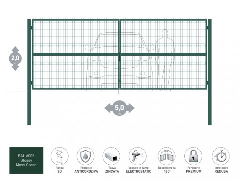 Poarta metalica batanta OPTIMA 3D H-2,0m L-5,0m RAL 6005