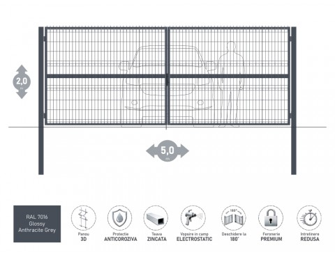 Poarta metalica batanta OPTIMA 3D H-2,0m L-5,0m RAL 7016
