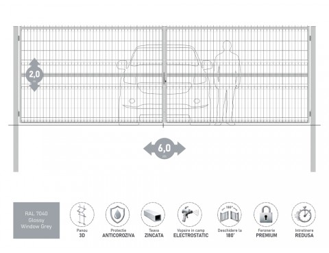 Poarta metalica batanta OPTIMA 3D H-2,0m L-6,0m RAL 7040