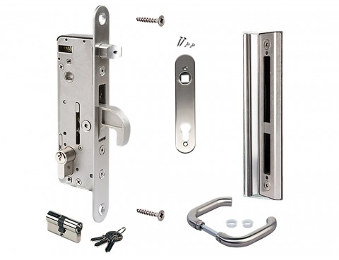 H-METALSET 54I – Set complet cu broască încastrată din oțel inoxidabil, destinată porților din oțel sau aluminiu.