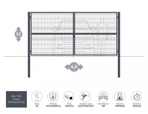 Poarta metalica batanta OPTIMA 3D H-2,0m L-4,0m RAL 7016