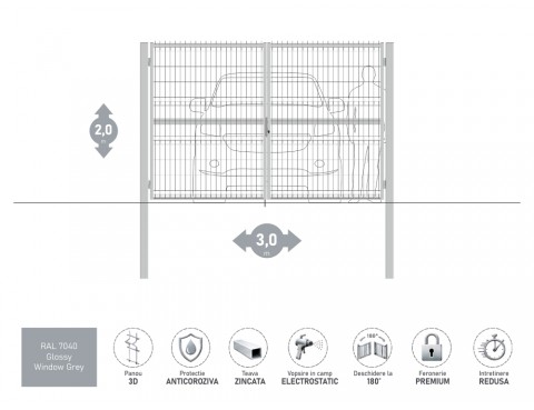 Poarta metalica batanta OPTIMA 3D H-2,0m L-3,0m RAL 7040