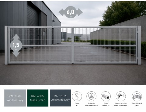 Poarta metalica batanta OPTIMA 3D H-1,5m L-6,0m RAL 7040