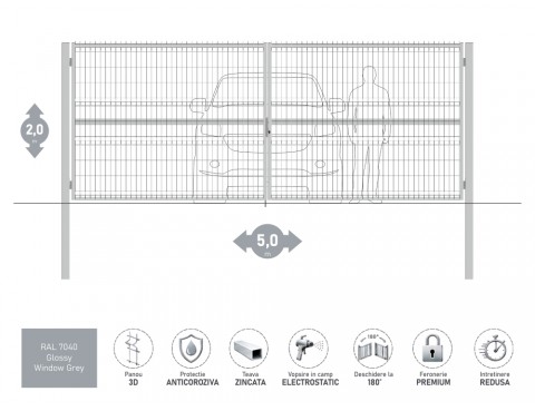Poarta metalica batanta OPTIMA 3D H-2,0m L-5,0m RAL 7040