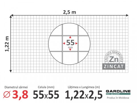Plasă sudată zincată D-3,8mm 55х55mm 1,22х2,5mm 
