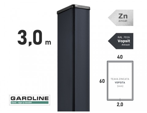 Stalp zincat 60x40x2,0mm L-3,0m RAL 7016