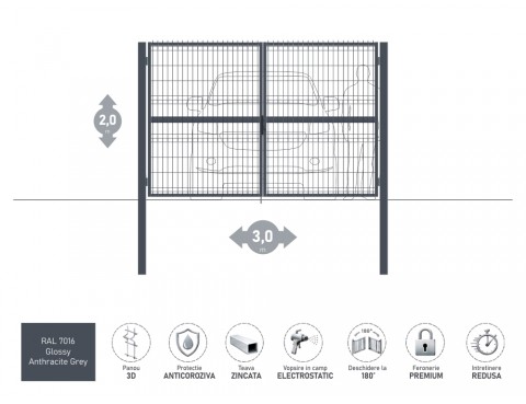 Poarta metalica batanta OPTIMA 3D H-2,0m L-3,0m RAL 7016