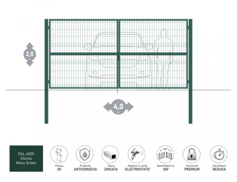 Poarta metalica batanta OPTIMA 3D H-2,0m L-4,0m RAL 6005