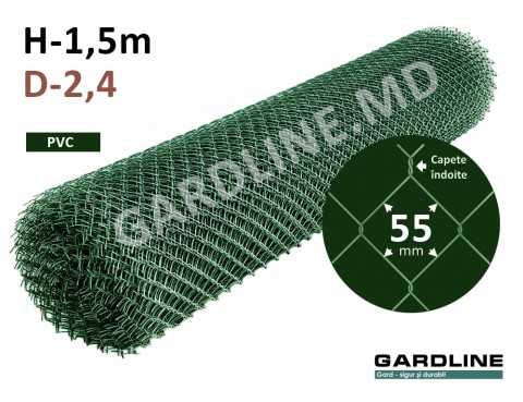 Сетка Рабица ПВХ Зеленая 55х55мм D-2,4мм H-1,5м L-10м